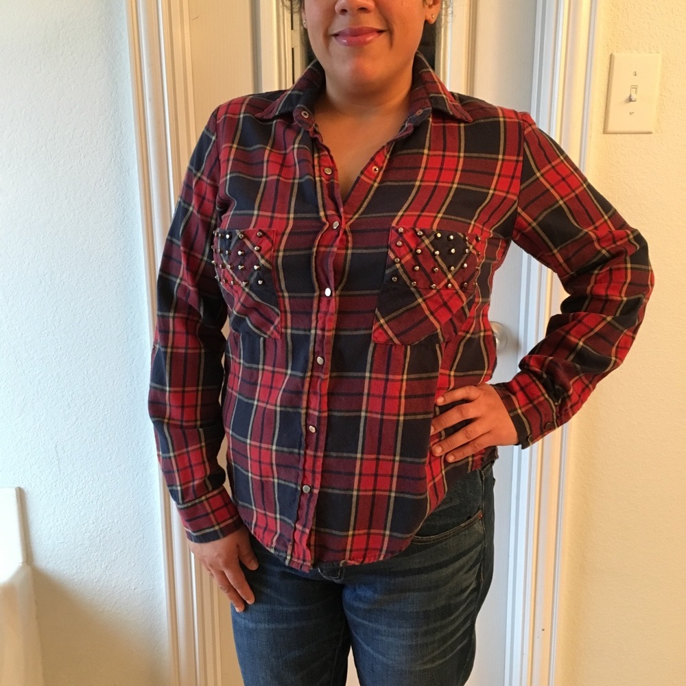 Plaid button down shirt with studs